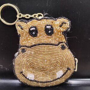 smiling hippo beaded coin purse with key chain hippopotamus vtg 1990s gold black